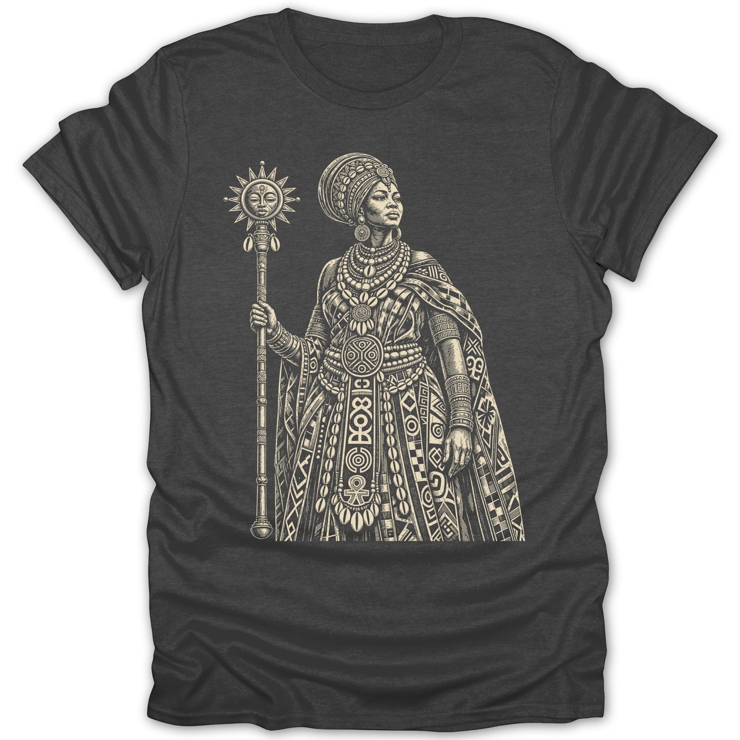 T-shirt with an intricate line drawing of a Black woman in regal attire holding a sun staff.