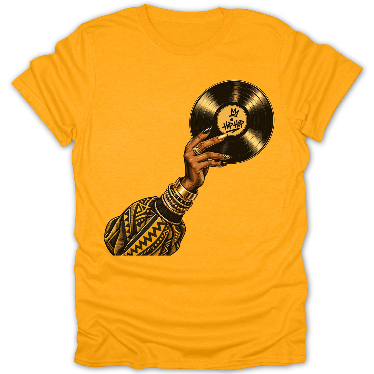 Yellow t-shirt with graphic of a hand holding a vinyl record with "Hip Hop" text.