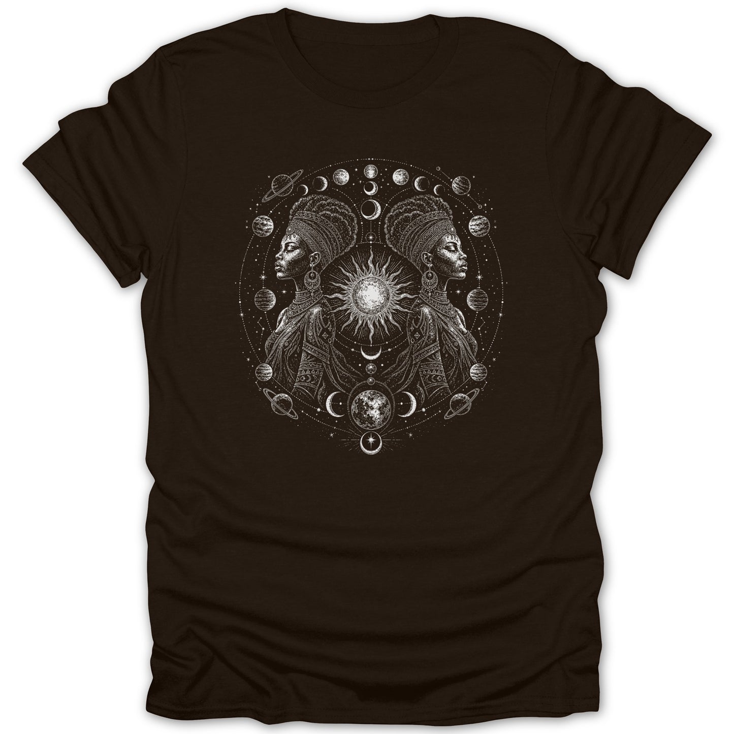Black t-shirt with symmetrical sun, moon, planets, and two profiles of queens in a circular design.