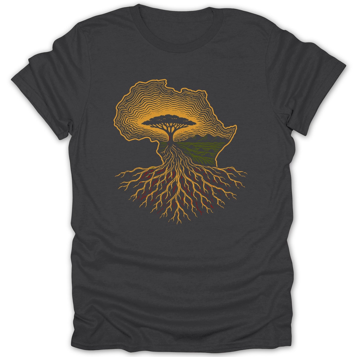 Africa continent outline with tree and roots graphic on dark t-shirt.