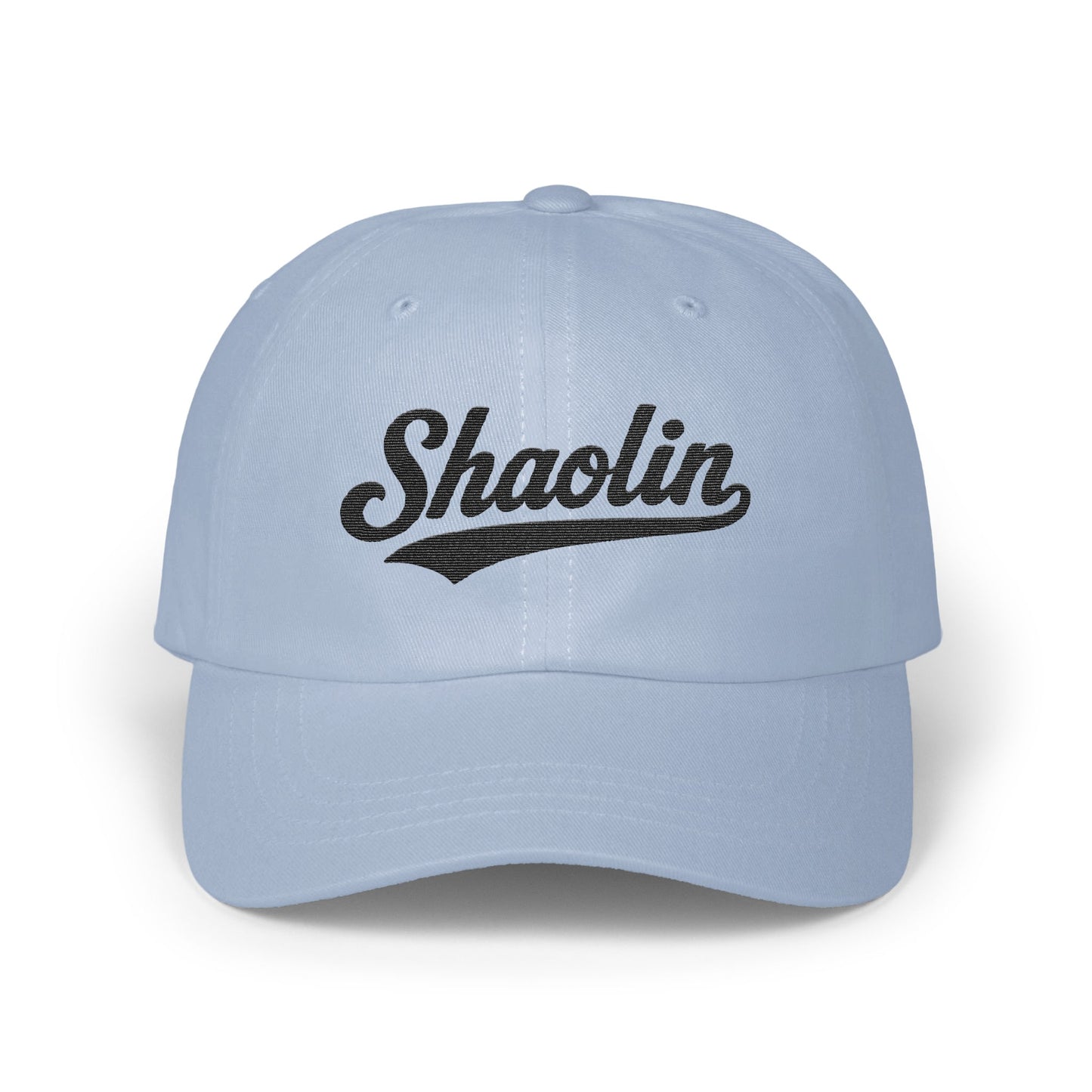 Light blue baseball cap with "Shaolin" in black script text.