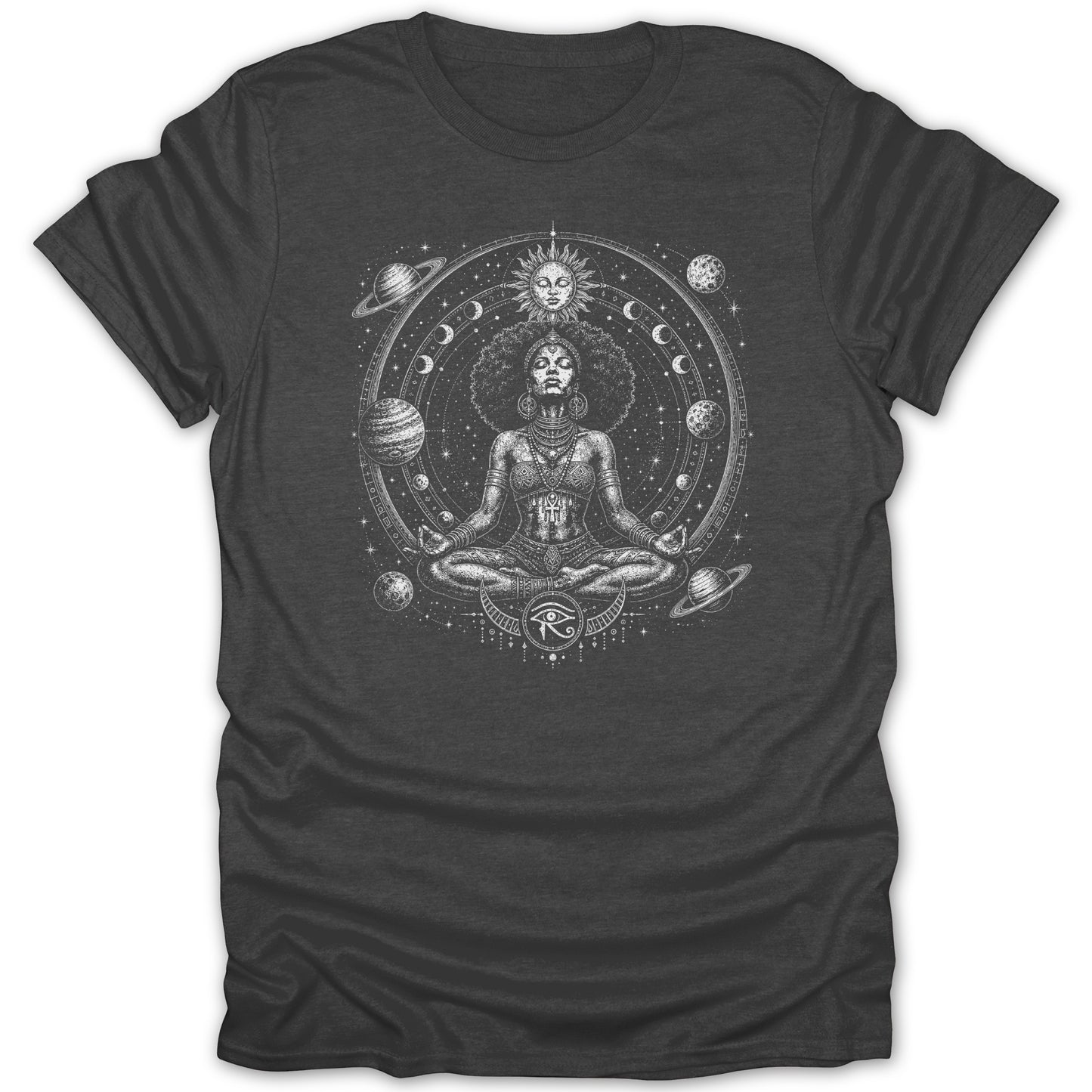 Meditating woman with afro, sun, moon phases, planets, and eye of Horus.