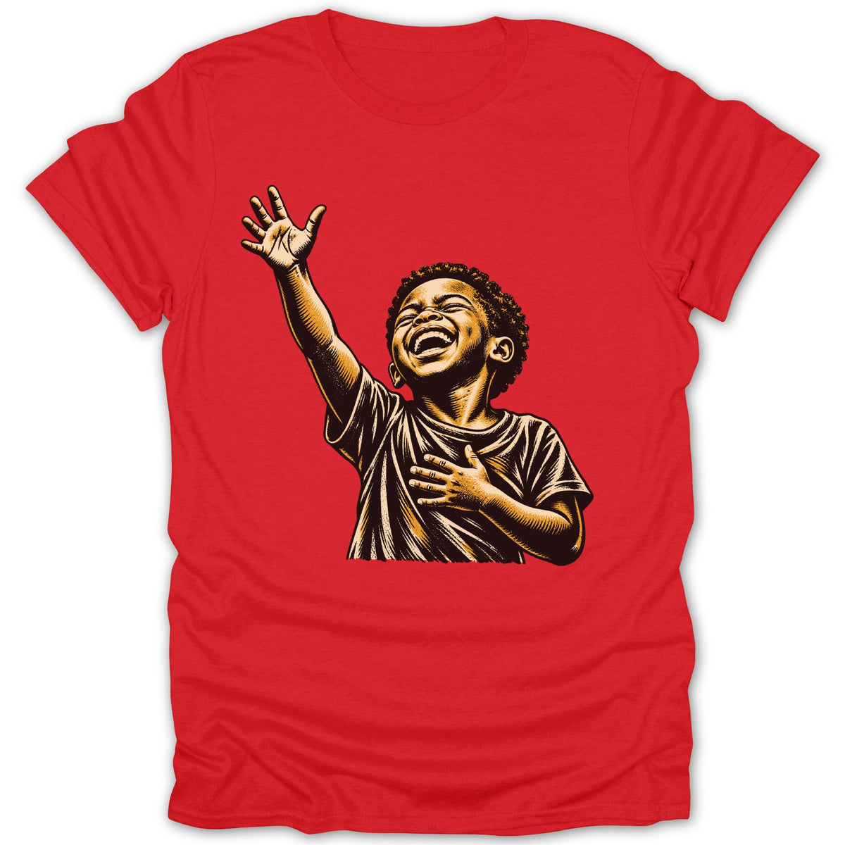 Red t-shirt with illustration of a joyful child with arm raised.