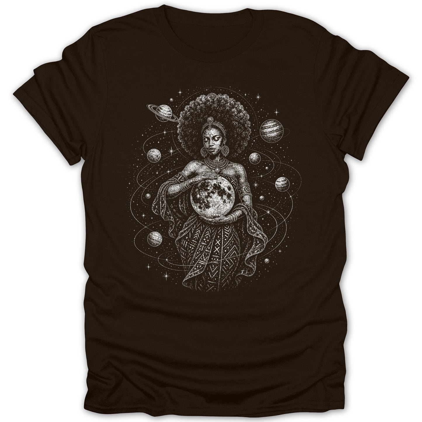 Illustration of a woman with a large afro holding the moon amidst planets and stars.