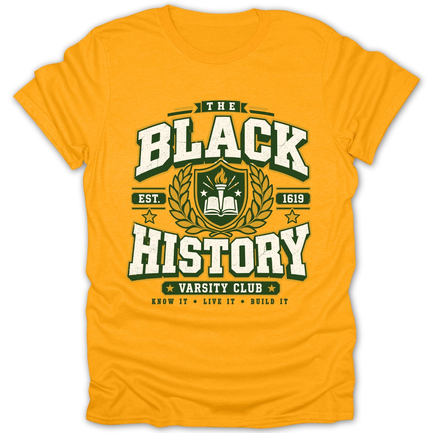Yellow t-shirt with "The Black History Varsity Club Est. 1619" text.