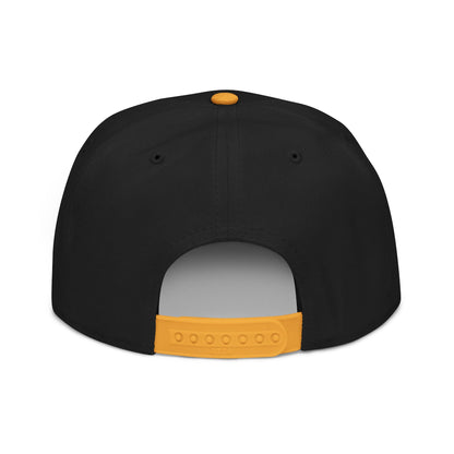 Black snapback hat with orange button and adjustable strap.
