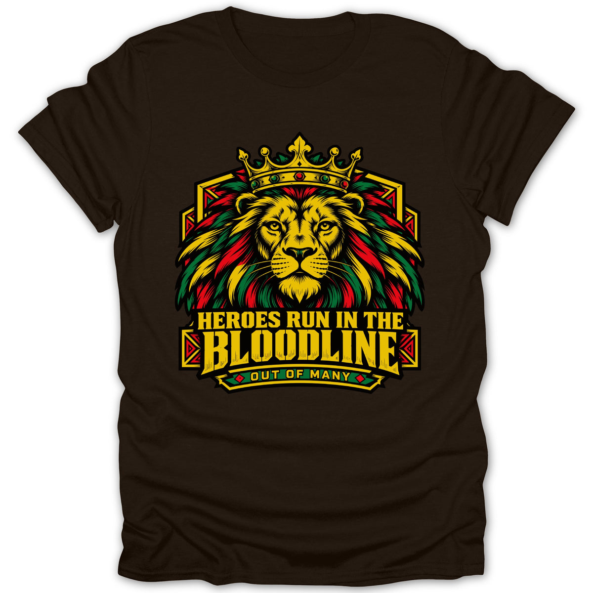 Brown t-shirt with a crowned lion graphic and text "HEROES RUN IN THE BLOODLINE OUT OF MANY".