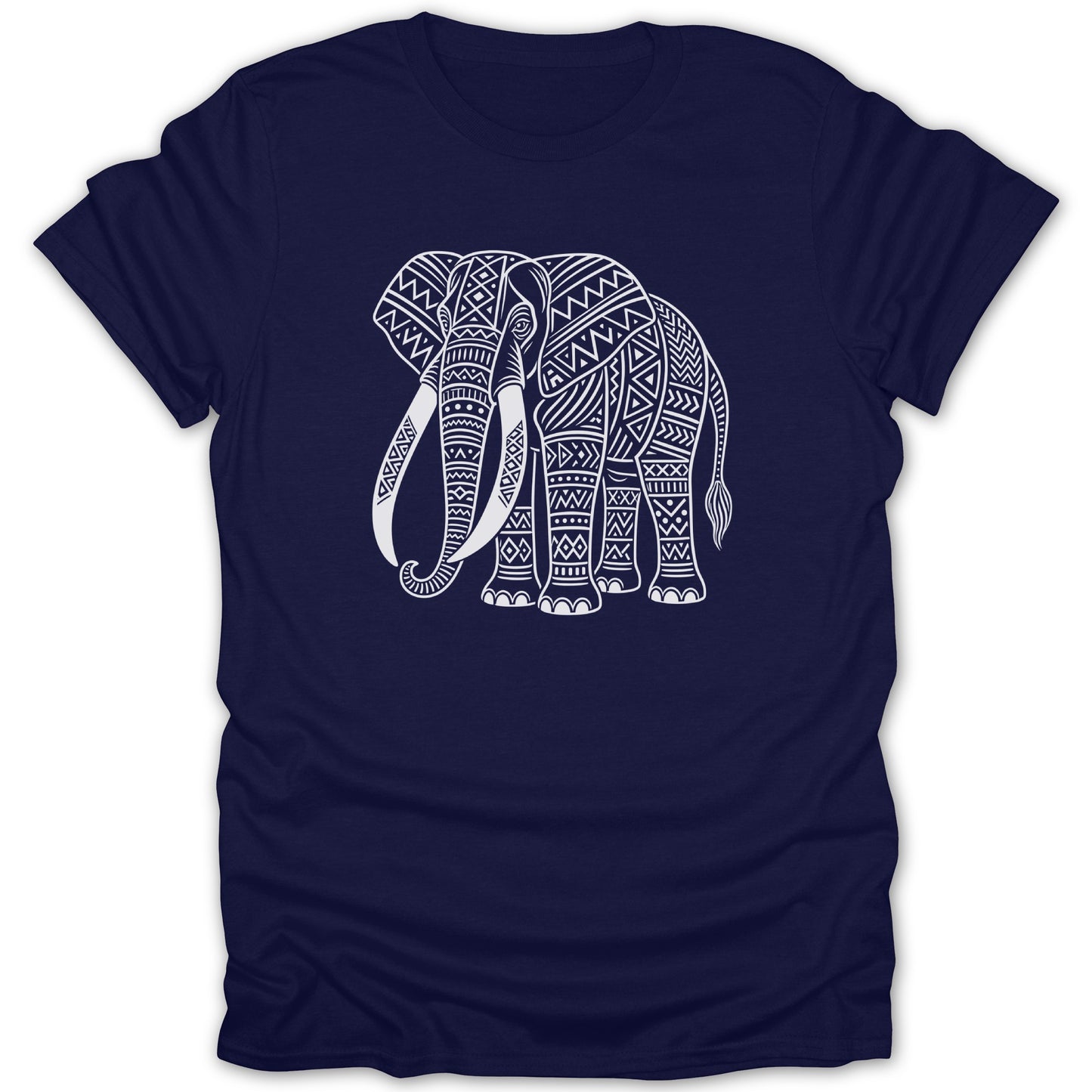 Navy t-shirt with a white ornamental elephant design.