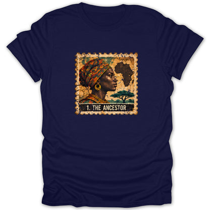 Navy blue t-shirt featuring a vintage postage stamp graphic with a woman and text reading 1. THE ANCESTOR.