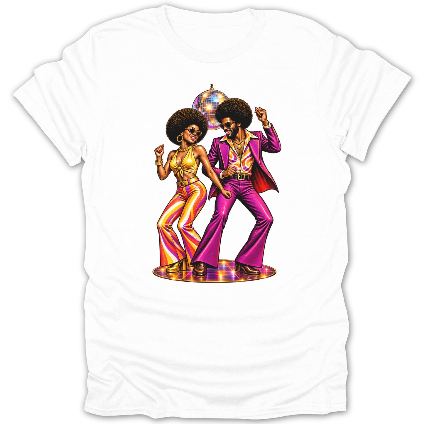 Disco dancers in 70s attire with a disco ball on a reflective floor.