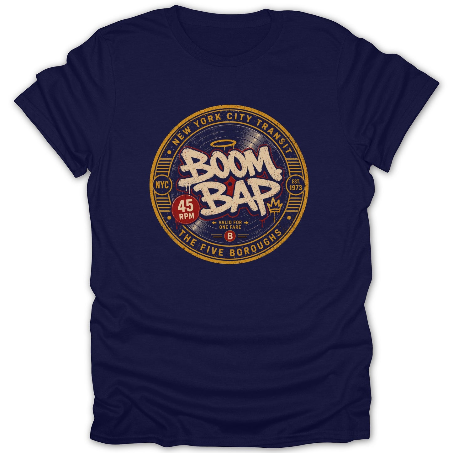 Navy t-shirt with "Boom Bap" graphic, "New York City Transit" and "The Five Boroughs" text.