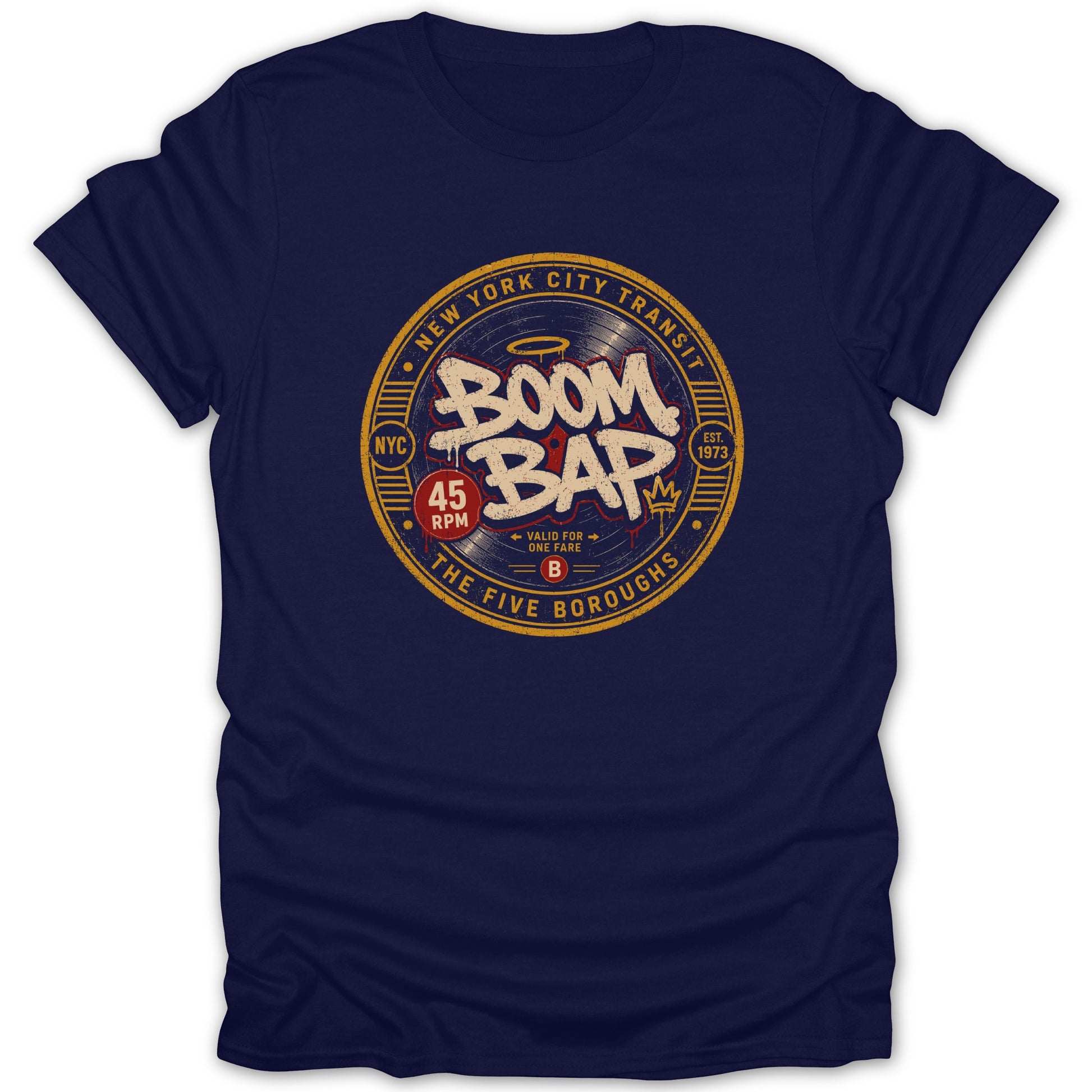 Navy t-shirt with "Boom Bap" graphic, "New York City Transit" and "The Five Boroughs" text.