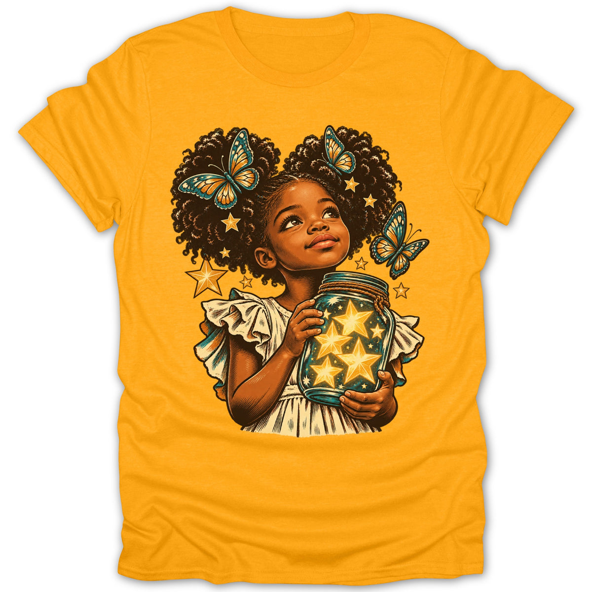 Girl with butterflies and jar of stars on yellow t-shirt.