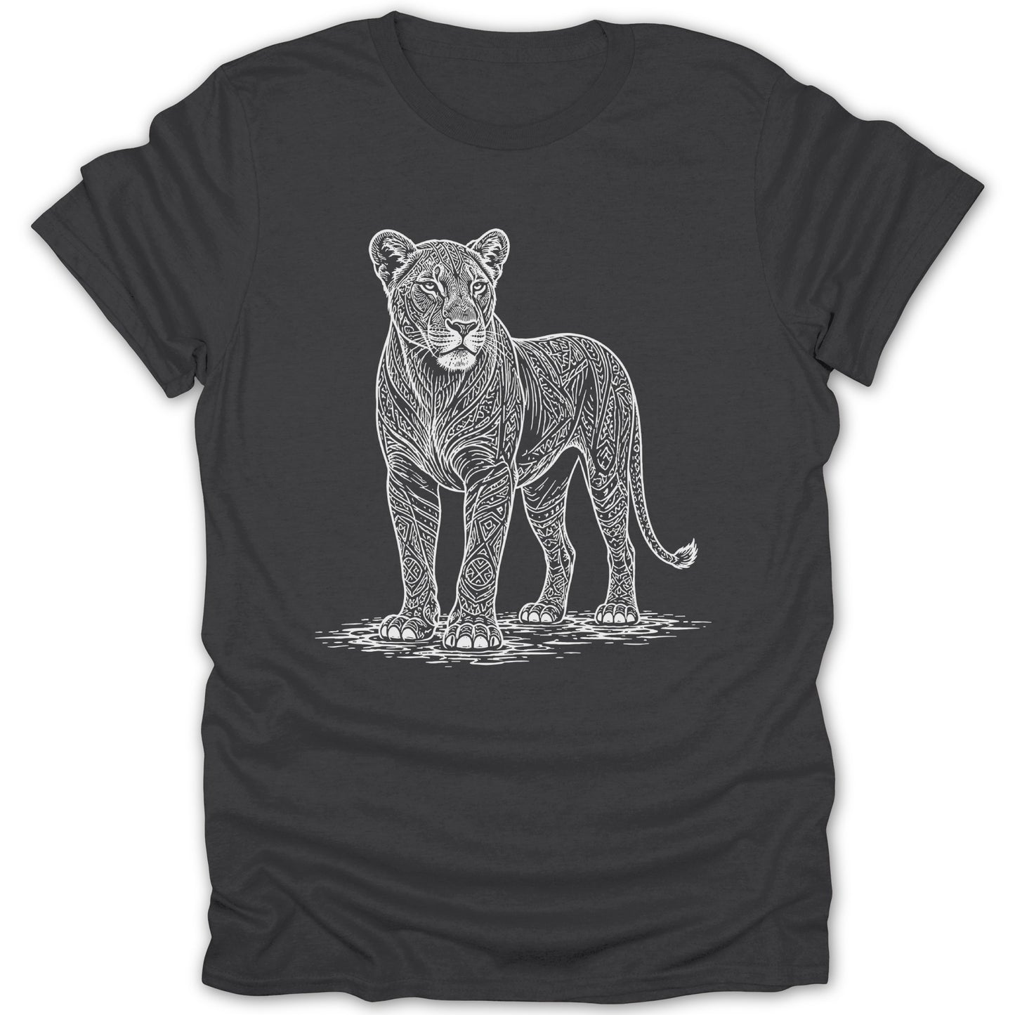 White line art of a lioness with intricate patterns stands on a dark t-shirt.