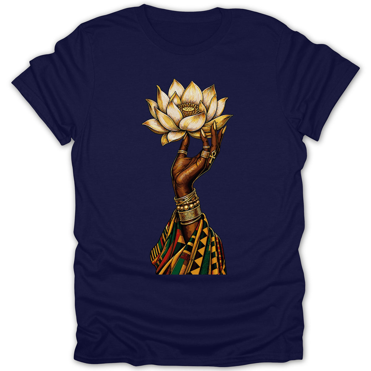 Dark blue t-shirt with graphic of a hand holding a gold lotus flower.