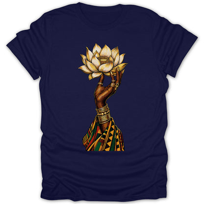 Dark blue t-shirt with graphic of a hand holding a gold lotus flower.