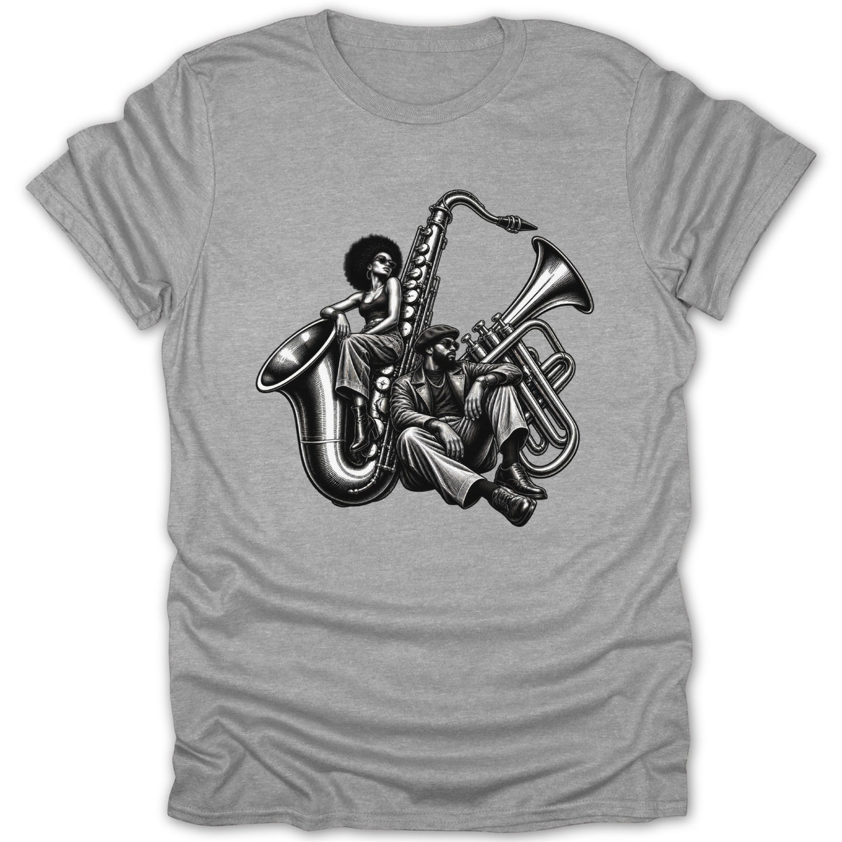 Black and white illustration of a woman on a saxophone and a man on a trumpet.