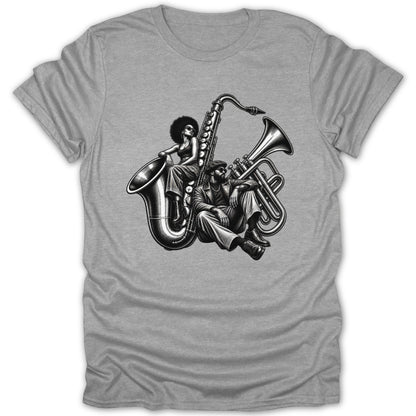 Black and white illustration of a woman on a saxophone and a man on a trumpet.