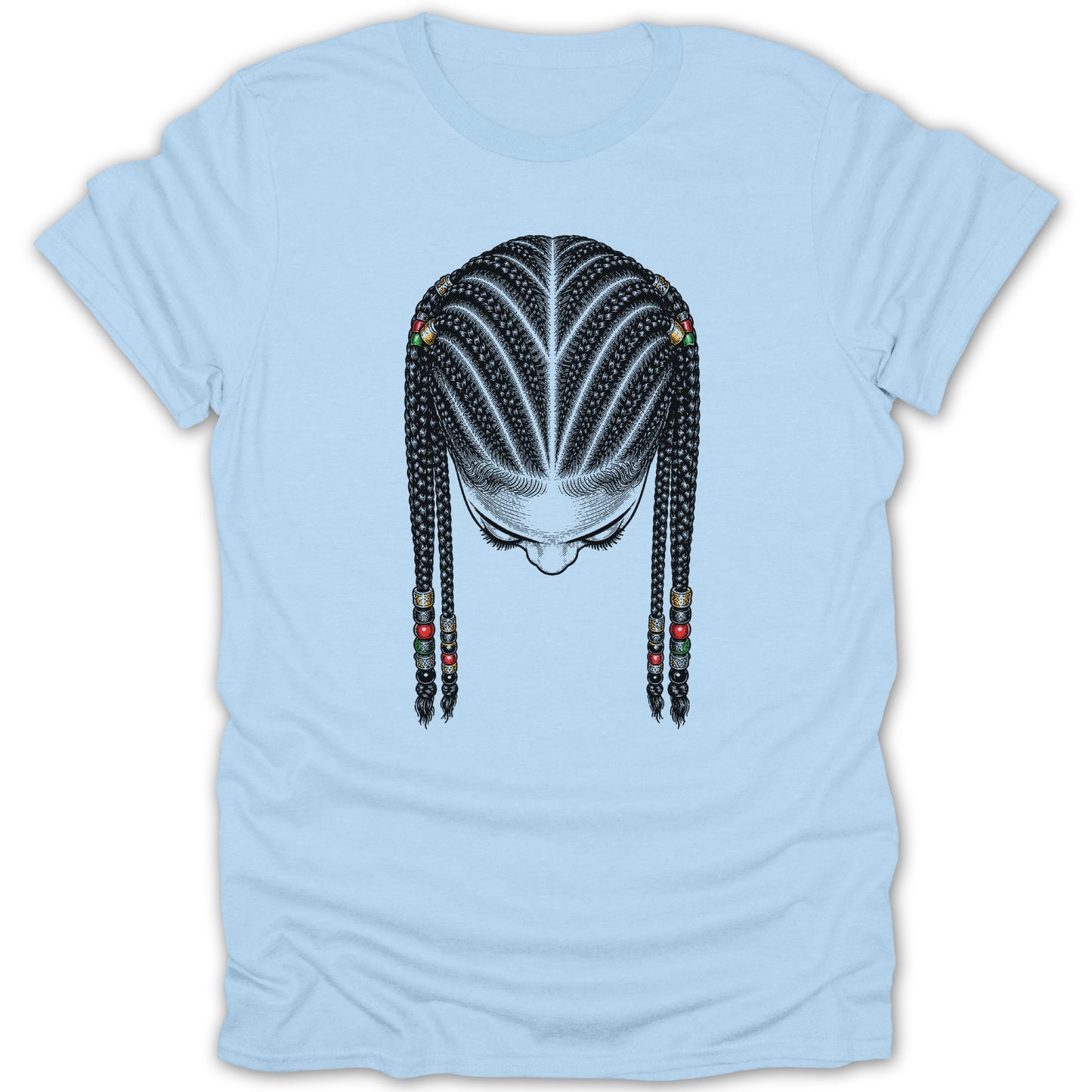 T-shirt with a graphic of a woman's head with braided hair and beaded accents.