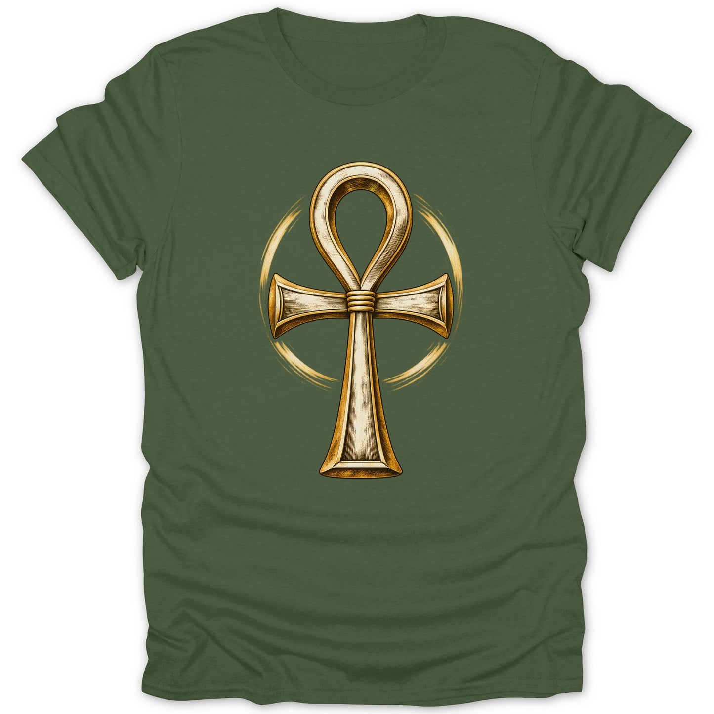 Green t-shirt with a gold ankh symbol and circular brush strokes.