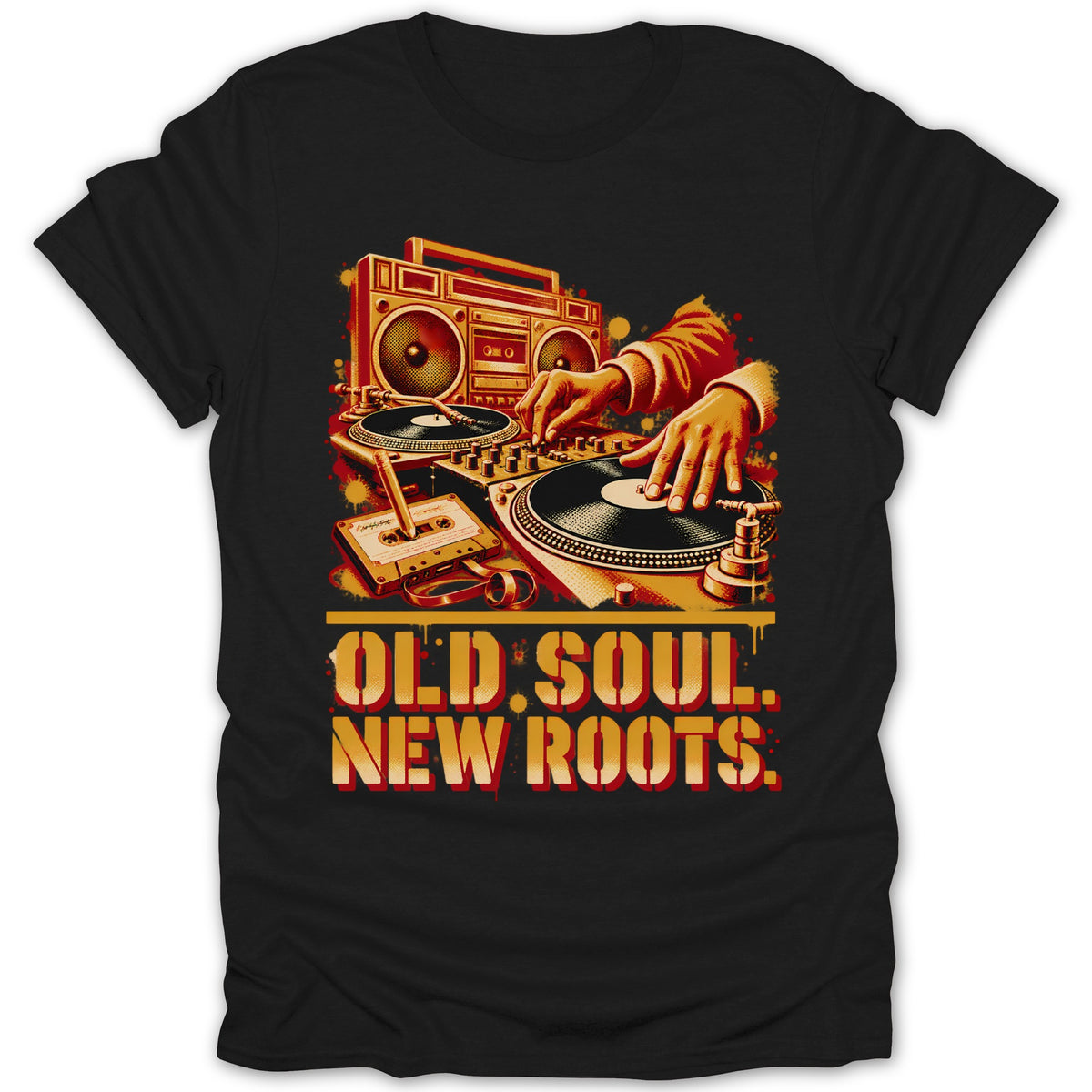 A black short-sleeved t-shirt featuring a graphic of DJ equipment, a cassette tape, and the text OLD SOUL NEW ROOTS.