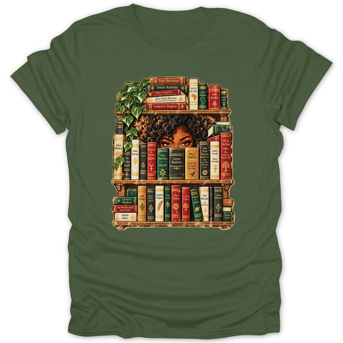 Woman peeking over bookshelf filled with books by Black authors.