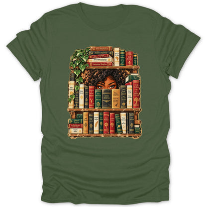 Woman peeking over bookshelf filled with books by Black authors.