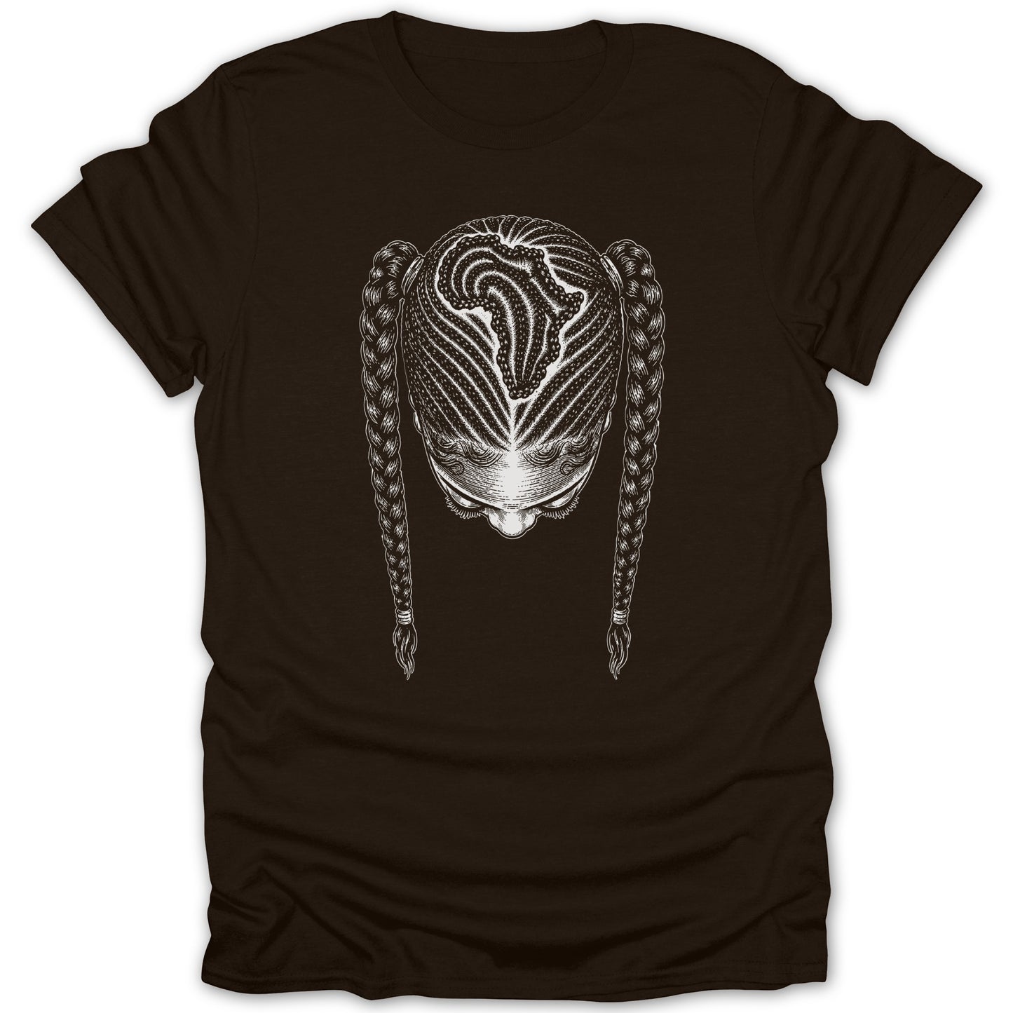 T-shirt with intricate braided hairstyle, featuring a map of Africa.