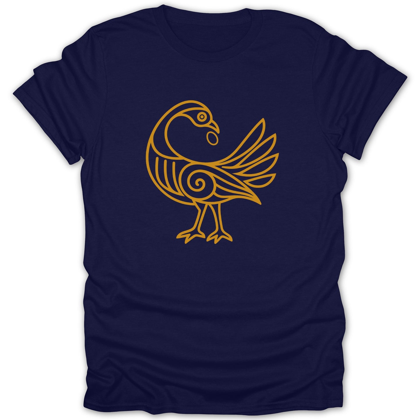 Navy t-shirt with a gold line art depiction of a stylized bird with swirling patterns.