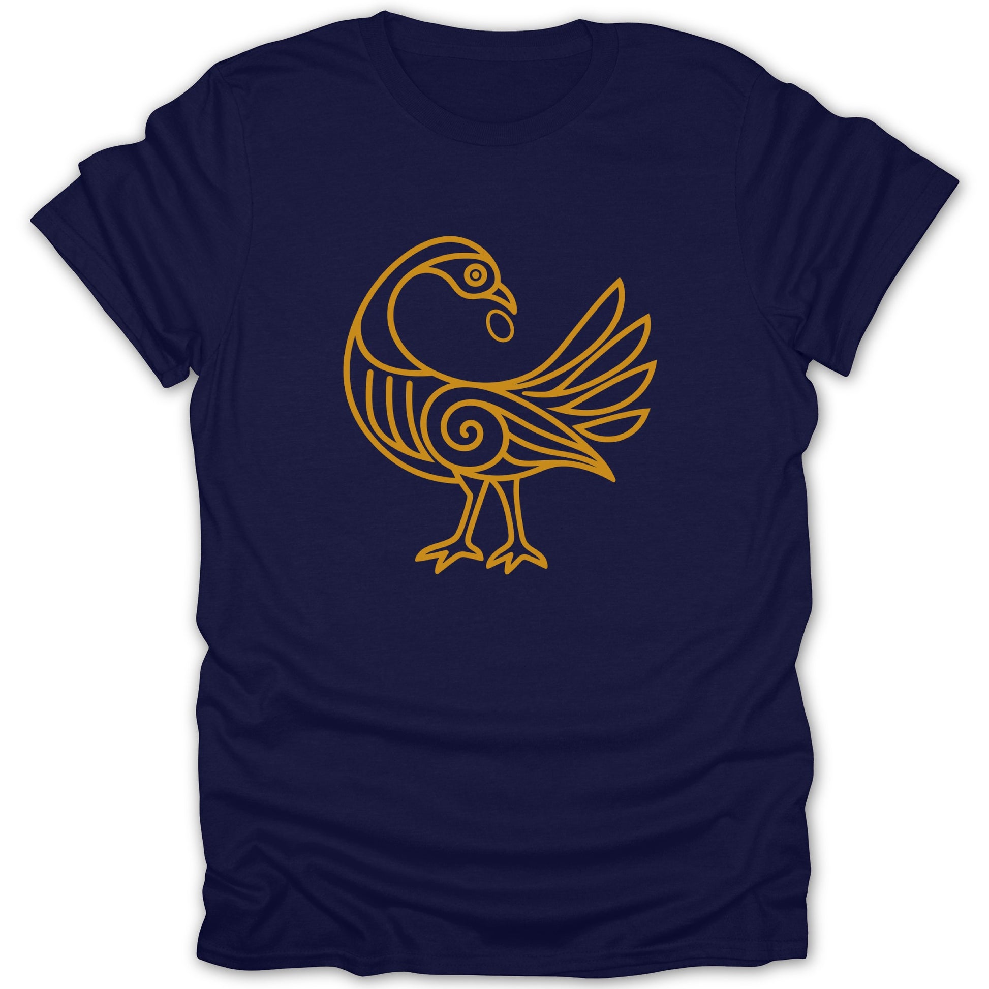 Navy t-shirt with a gold line art depiction of a stylized bird with swirling patterns.