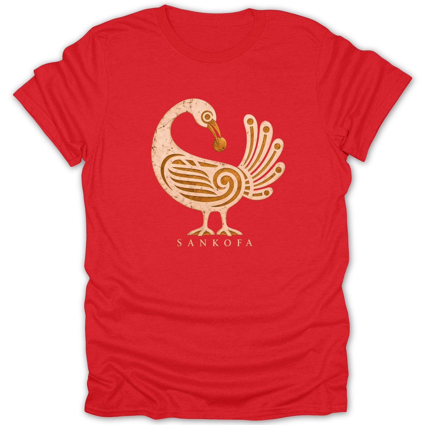 Red t-shirt with a white and gold Sankofa bird graphic and text.