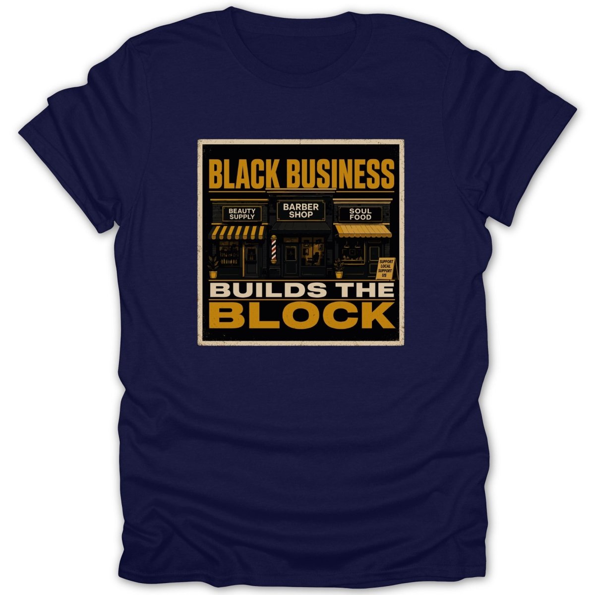 Black Business Builds the Block text with shops: Beauty Supply, Barber Shop, Soul Food.