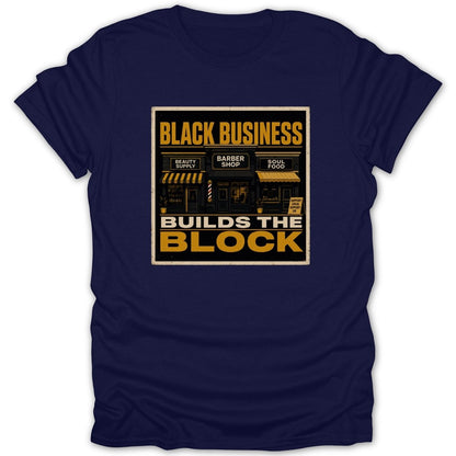 Black Business Builds the Block text with shops: Beauty Supply, Barber Shop, Soul Food.
