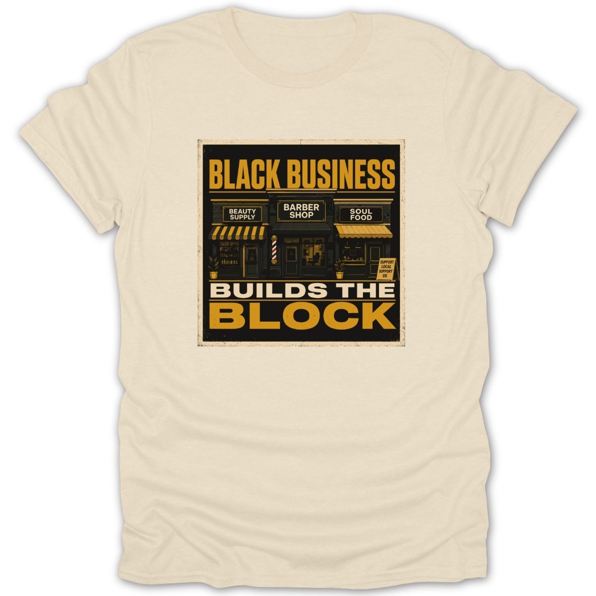Black businesses including beauty supply, barber shop, and soul food build the block.