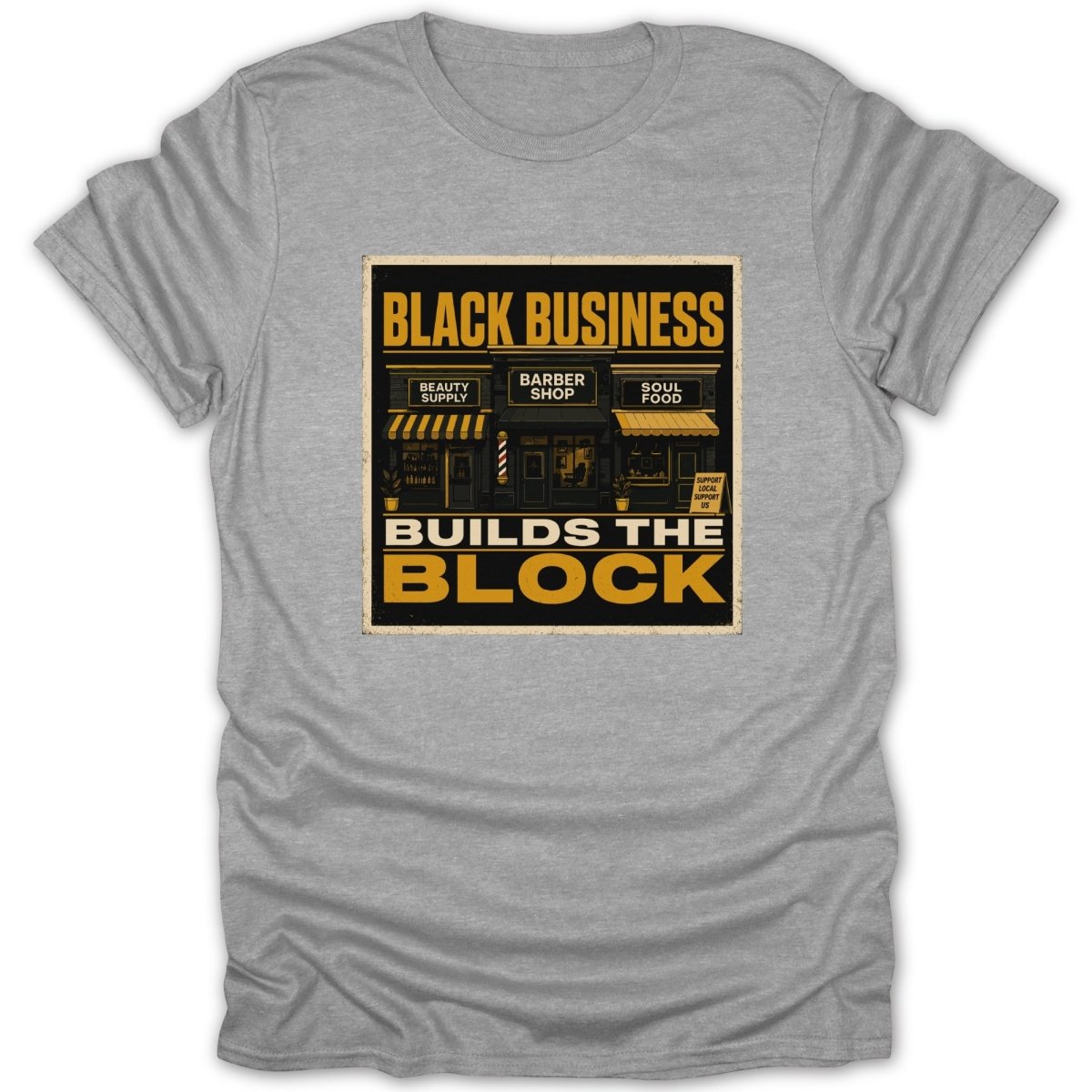 Black Business Builds The Block graphic with storefronts for beauty supply, barber, and soul food.