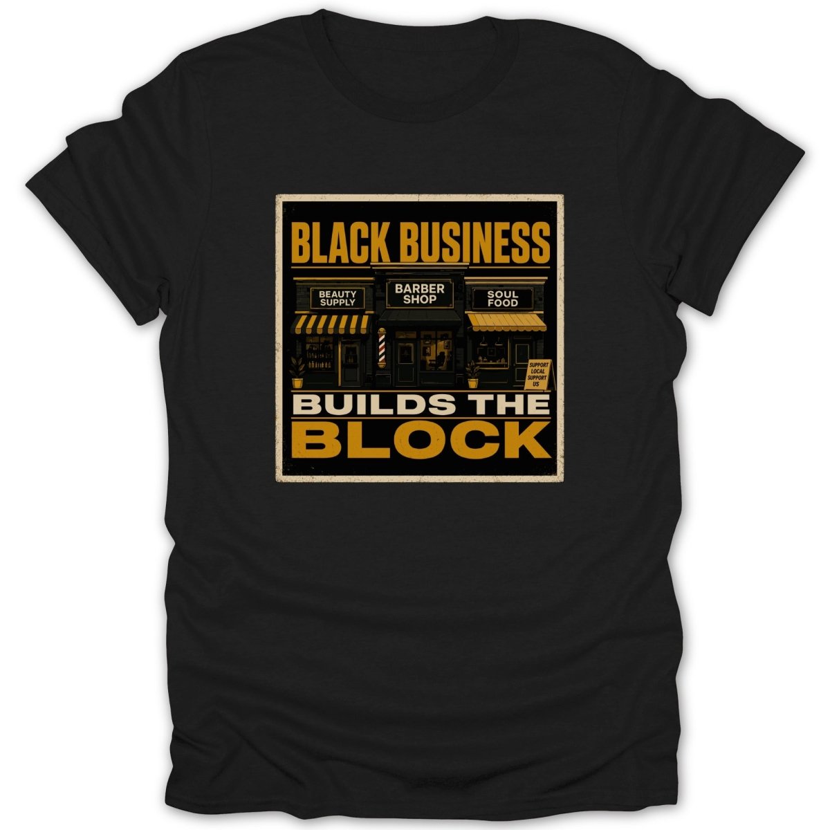 Black Business graphic with storefronts, text "Black Business Builds The Block".