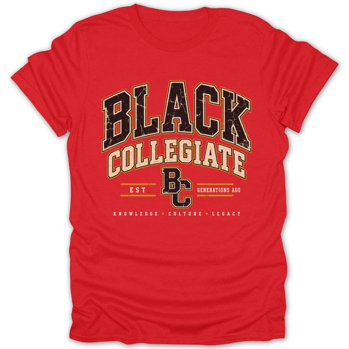Red t-shirt with "BLACK COLLEGIATE" text and "BC" logo.