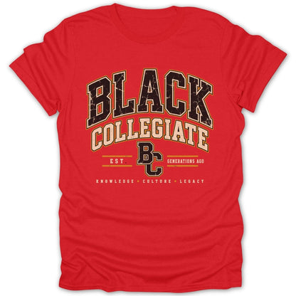 Red t-shirt with "BLACK COLLEGIATE" text and "BC" logo.