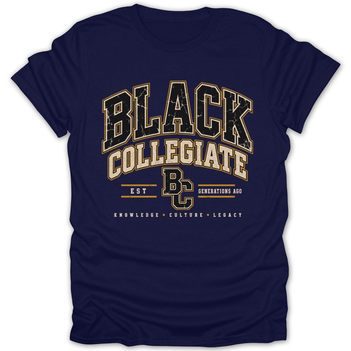 Navy t-shirt with "Black Collegiate" and "BC" logo with "Knowledge Culture Legacy"