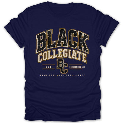 Navy t-shirt with "Black Collegiate" and "BC" logo with "Knowledge Culture Legacy"
