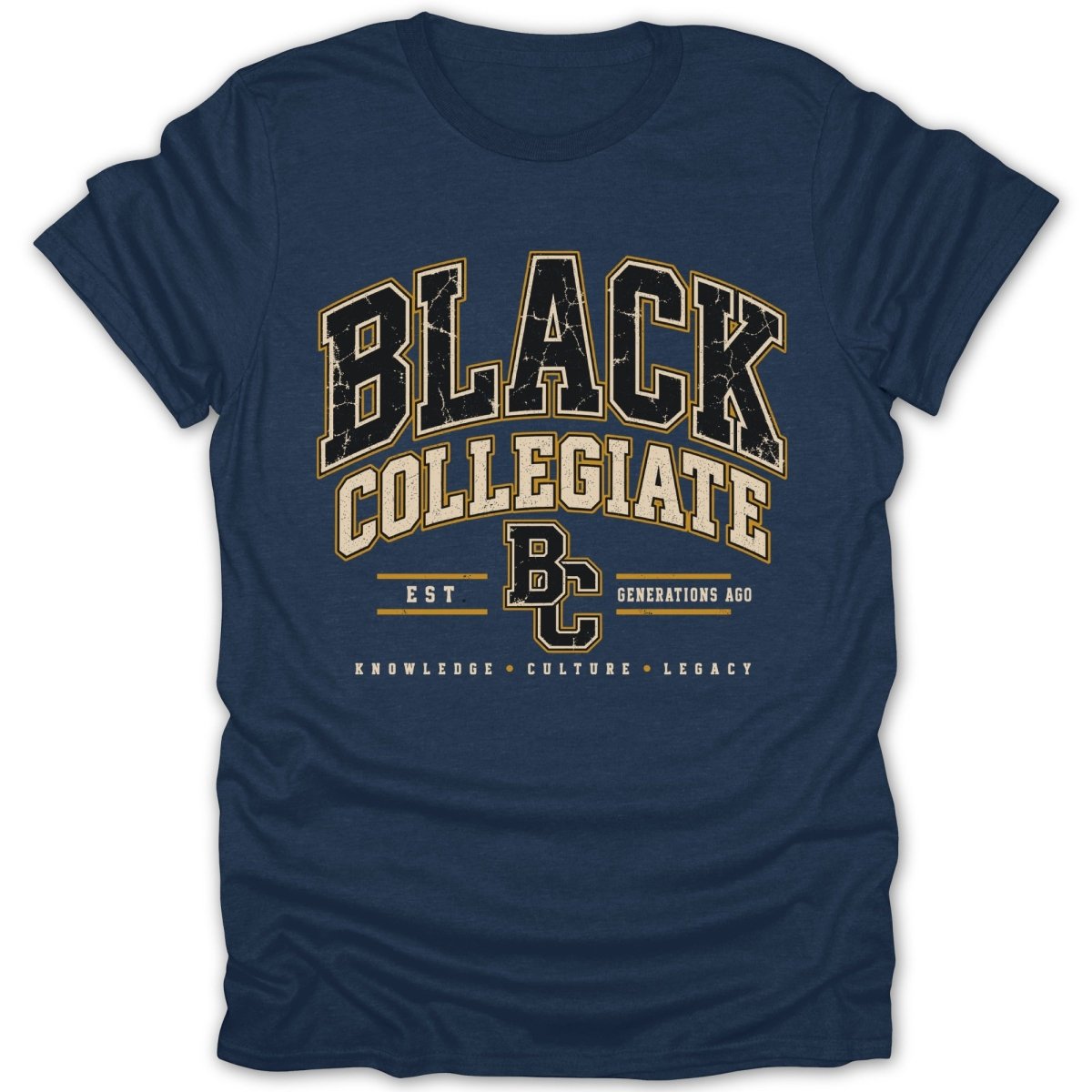 Navy t-shirt with "Black Collegiate" text and "BC" logo.