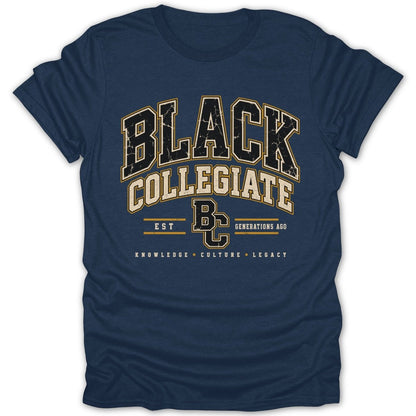 Navy t-shirt with "Black Collegiate" text and "BC" logo.