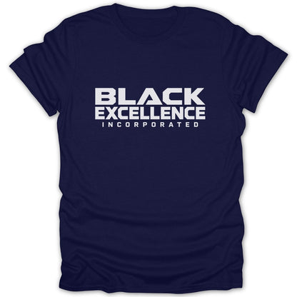 Navy t-shirt with white text "BLACK EXCELLENCE INCORPORATED"