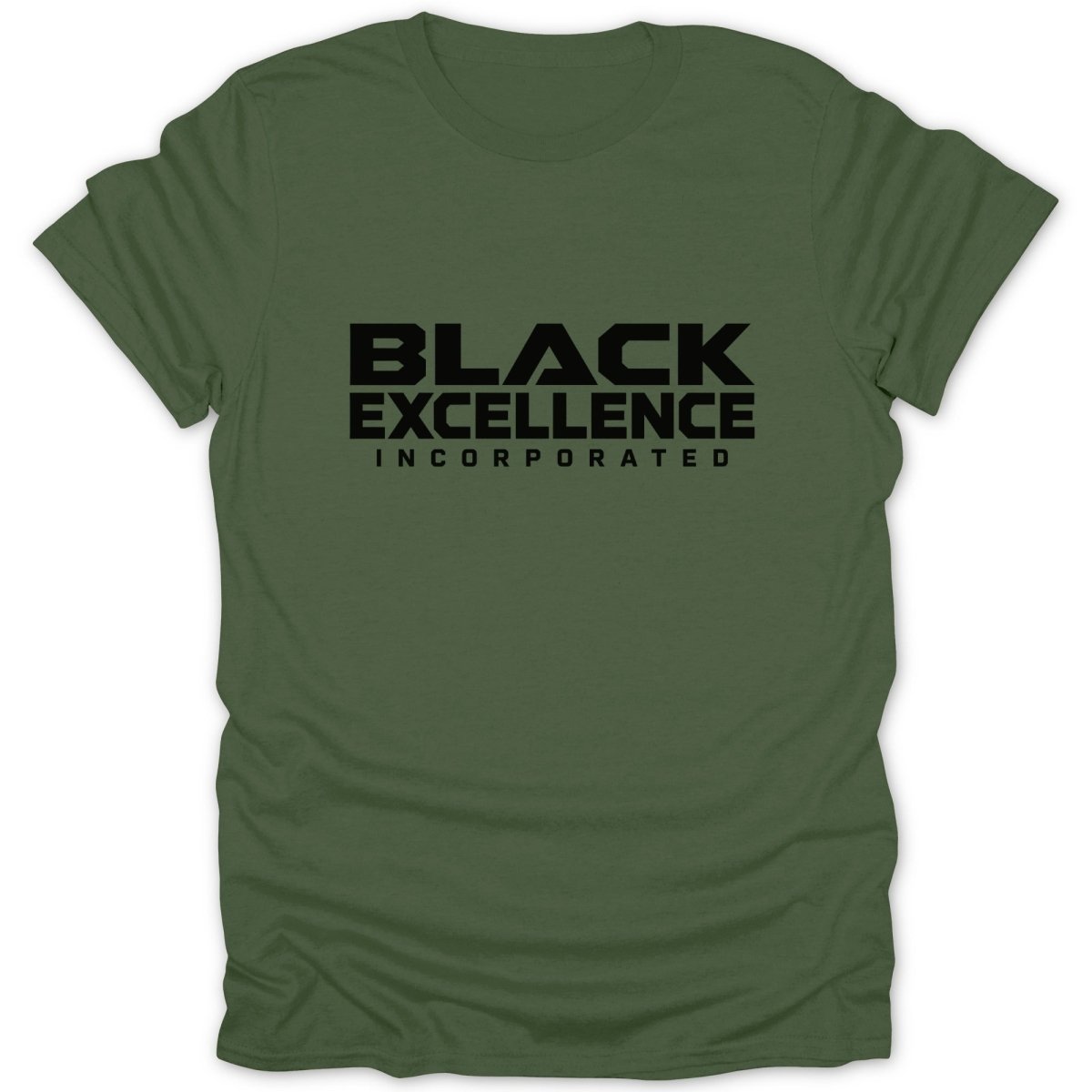 Olive green t-shirt with black text "BLACK EXCELLENCE INCORPORATED".