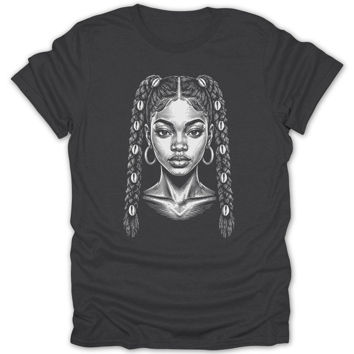 Line art portrait of a woman with pigtails and shell adornments on a dark t-shirt.