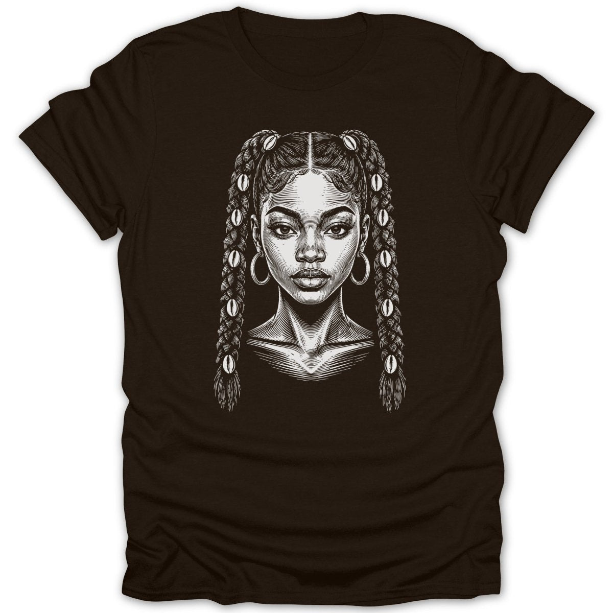 Line art portrait of a woman with braided pigtails and shell beads on a dark brown t-shirt.