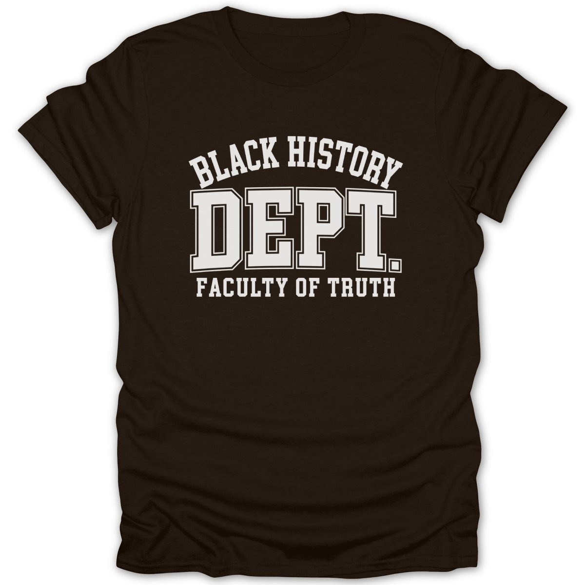 Brown t-shirt with "BLACK HISTORY DEPT. FACULTY OF TRUTH" text.