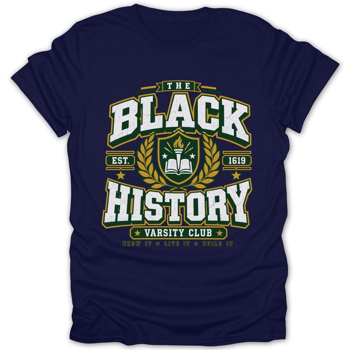 Navy t-shirt with "The Black History" text, crest, and "Varsity Club".