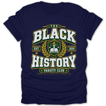 Navy t-shirt with "The Black History" text, crest, and "Varsity Club".