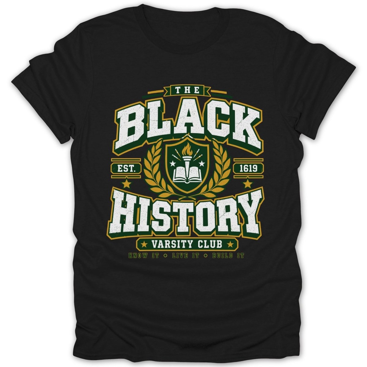 Black History Varsity Club t-shirt with Est. 1619 and motto Know It, Live It, Build It.